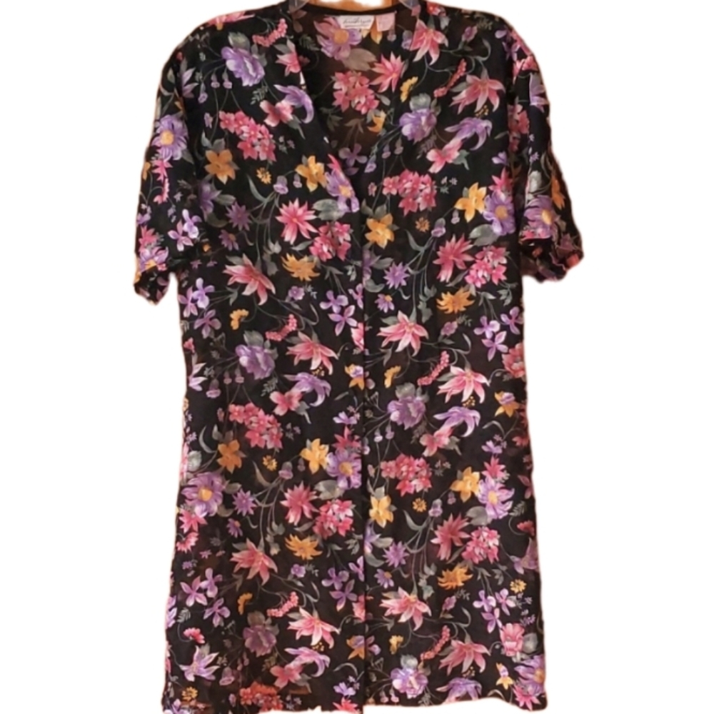 Kathryn Womans Black Kimono Buttondown Sheer Floral Robe Size Medium